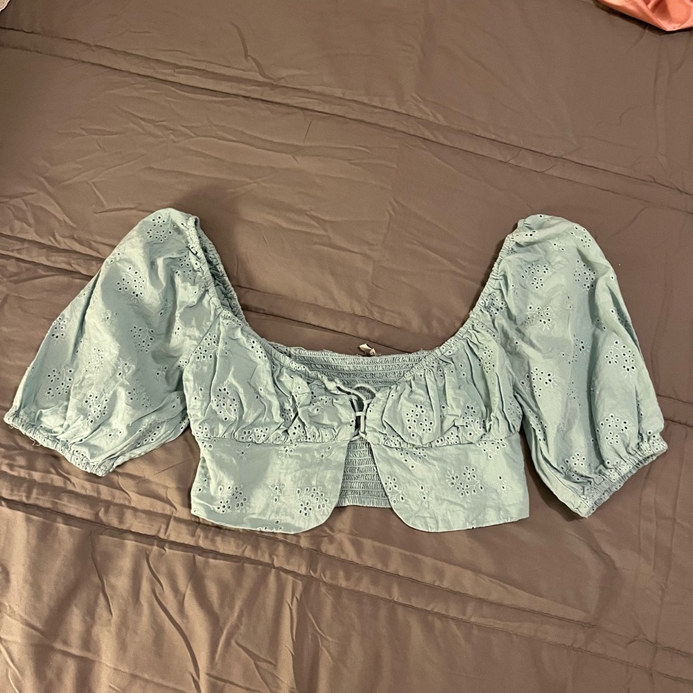 Blue Eyelet Puff Sleeve Top